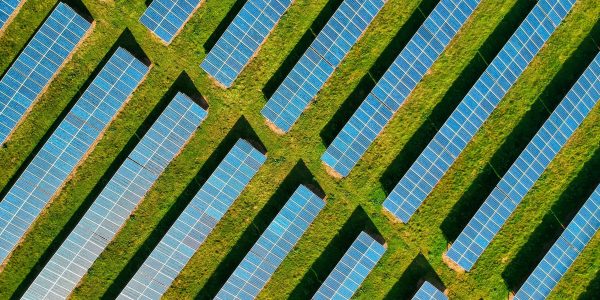 High-angle aerial shot of solar panels in a lush green field, located in Rockbeare, UK.